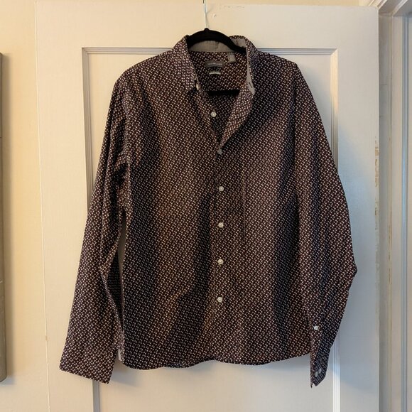 Van Heusen Men’s Button-up Navy Abstract Shirt Never Tuck Slim Fit Large 16–16.5 - Picture 1 of 4